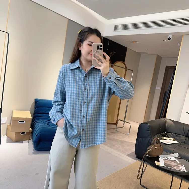 【爱心衬衫】软糯磨毛POLO翻领格子长袖宽松显瘦小个子 HS25120909