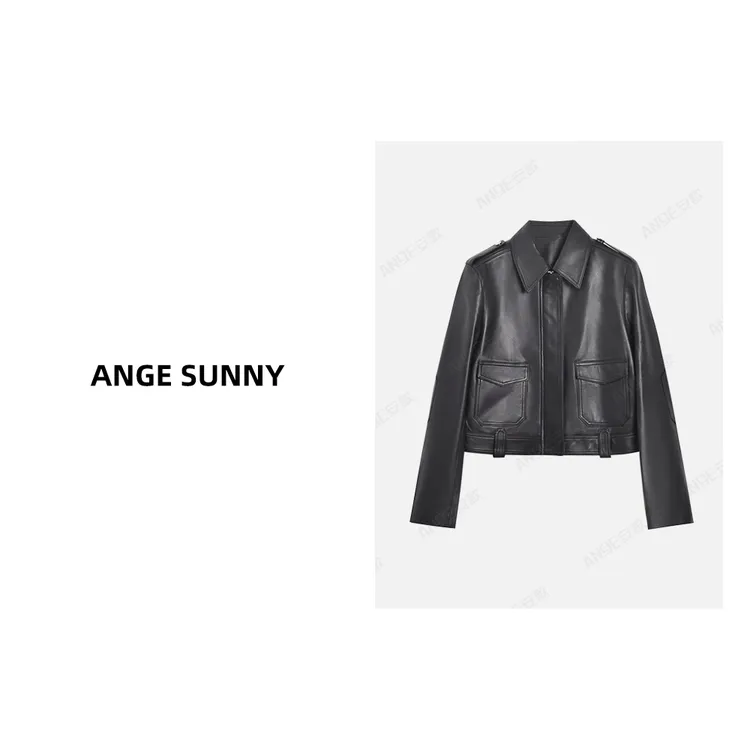 ANGE SUNNY【Kha*te羊皮夹克皮衣】进口羊皮双口袋长袖翻领皮外套