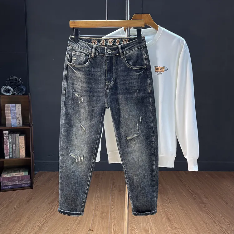 （八分-九分-长裤）割烂补丁秋冬新款弹力男士合体水洗小脚牛仔裤男