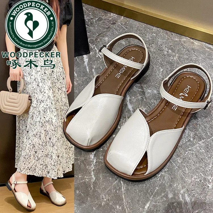 啄木鸟日系凉鞋女包头夏季百搭新款平底一字带复古配裙鞋镂空透气