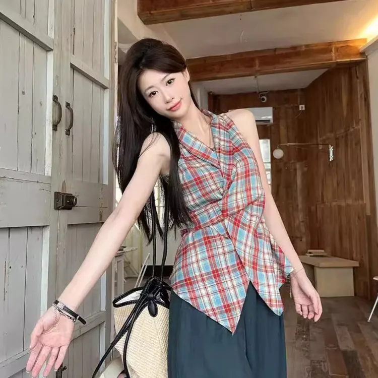夏季新款时尚内搭绑带外穿格纹女甜辣风蝴蝶结收腰款背心上衣