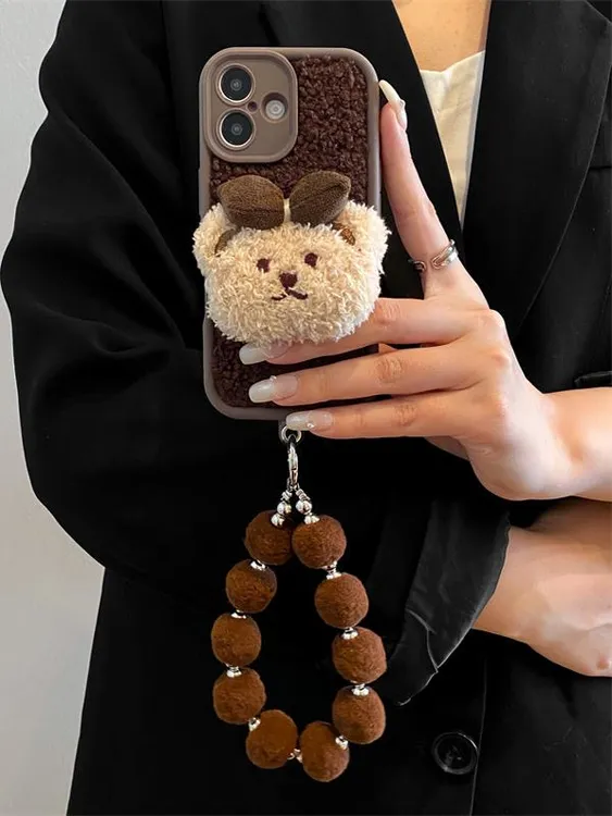 毛绒棕色蝴蝶结小熊手机壳适用于苹果/华为/oppo/vivo/小米手提链