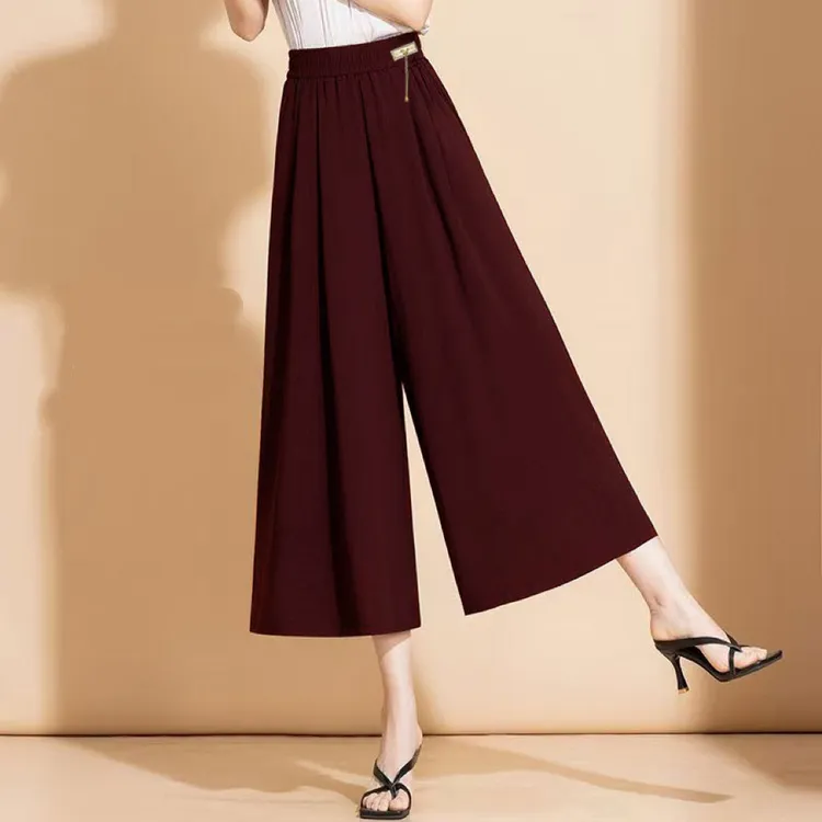 薄款纯色时尚百搭显瘦直筒老年夏季珍珠麻宽松休闲裤高腰阔腿裤