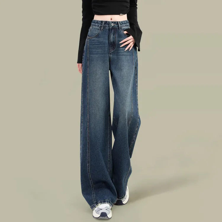 加长复古蓝高腰拼接阔腿牛仔裤女高个子2025新款春秋垂感拖地直筒