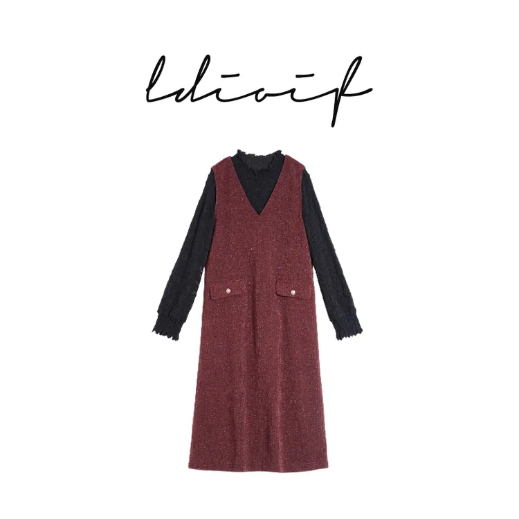 【两件套】复古酒红色法兰绒磨毛V领背心裙打底衫套装#DTZ18901