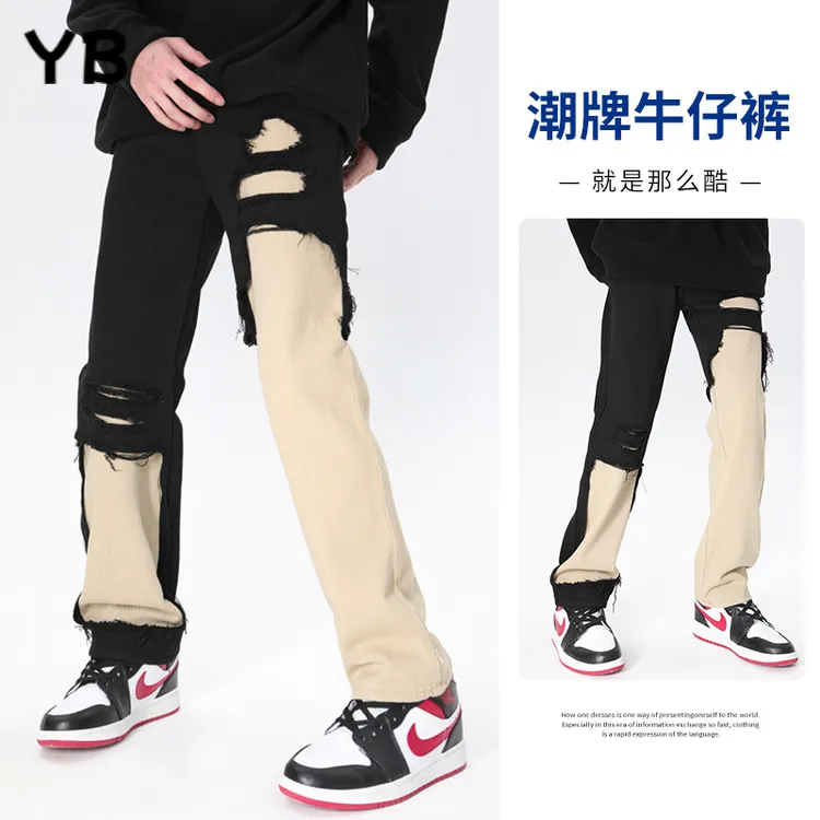 YB复古暗黑破洞水洗牛仔长裤2025夏季新款时尚拉链中腰直筒休闲裤