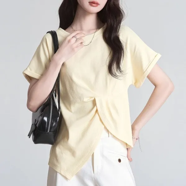 2025夏季款法式甜美不对称圆领短袖T恤女修身显瘦时尚百搭上衣