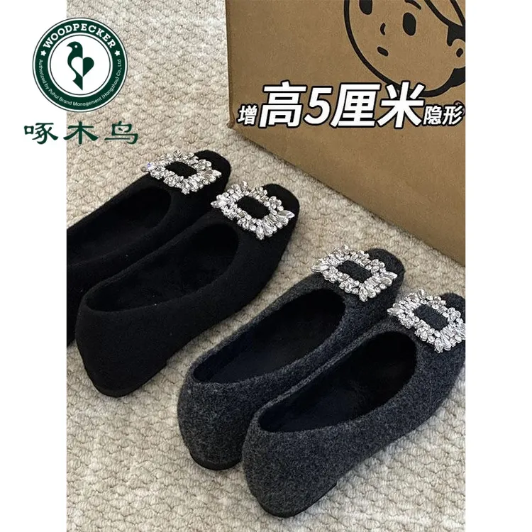 啄木鸟内增高5cm水钻毛毛鞋2025新款冬季时尚保暖绒面玛丽珍单鞋