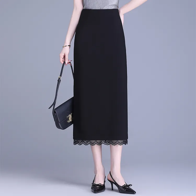 蕾丝边直筒包臀裙女2025春款高腰中长款黑色半身裙通勤西装裙