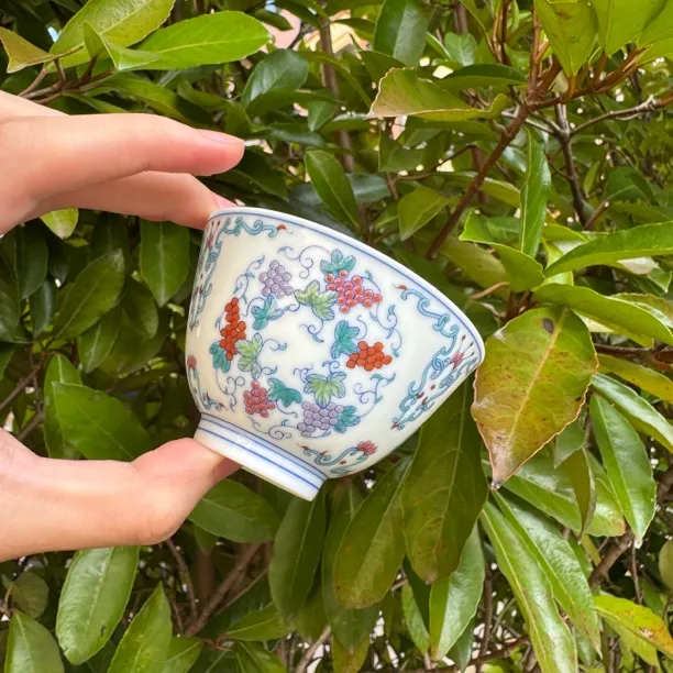 明逸堂手绘斗彩薄透葡萄单杯茶杯主人杯陶瓷