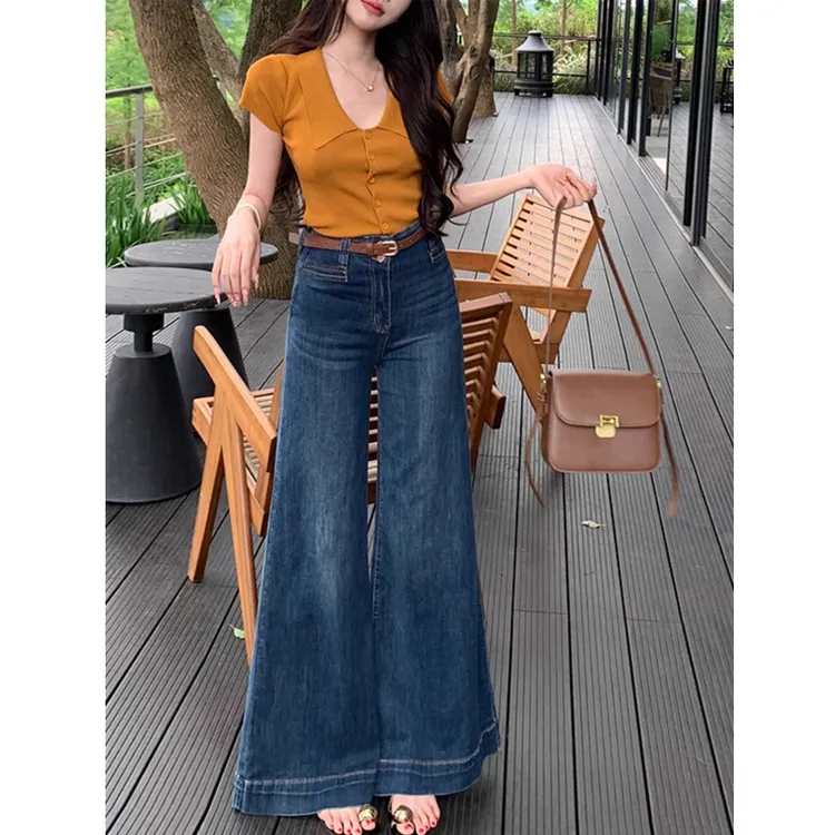 复古深蓝色阔腿牛仔裤女2025秋季高腰不贴腿显瘦显腿长拖地微喇裤