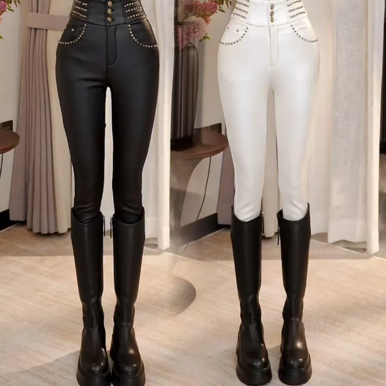 秋冬季新款亮钻加绒保暖皮裤百搭显瘦涂成皮小脚铅笔裤