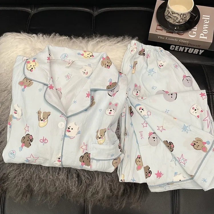 云朵棉睡衣女春秋新款星星小狗长袖长裤两件套日系卡通家居服套装