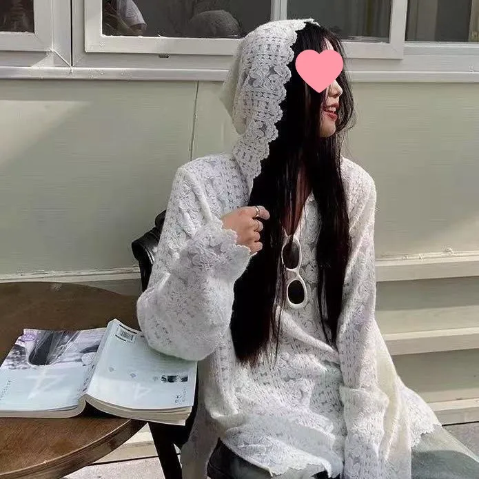 高级感蕾丝长袖连帽针织衫女春秋新款宽松气质纯欲性感打底衫上衣