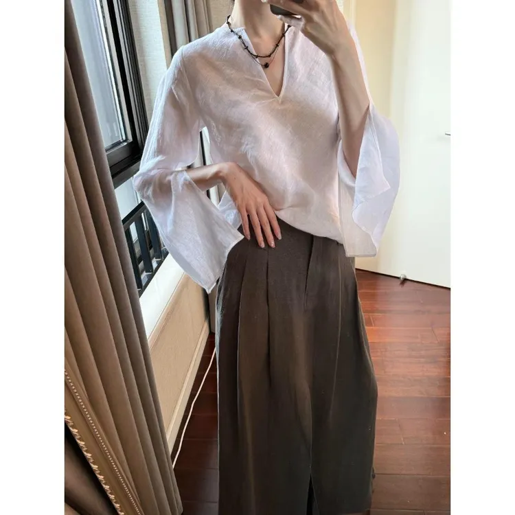 巨好看的小衫女2025早秋气质高级感轻奢减龄洋气白色亚麻衬衫上衣