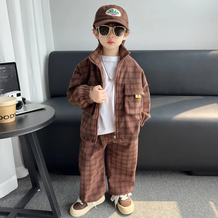 儿童装男童秋装套装2025新款洋气宝宝格子外套男孩春秋季运动服潮