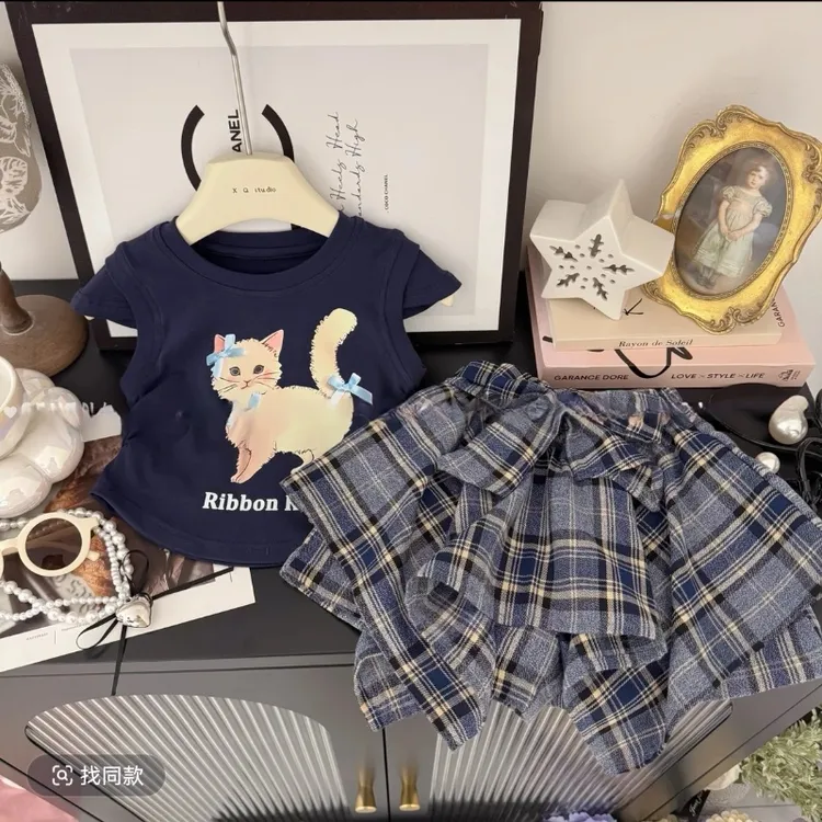 女童套装2025新款夏季卡通T恤女孩洋气格子不规则半身裙裤两件套