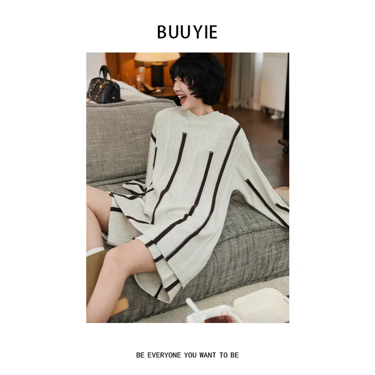 BUUYIE 25SS【弦阙‌】秋季撞色不规则条纹设计针织上衣 250829