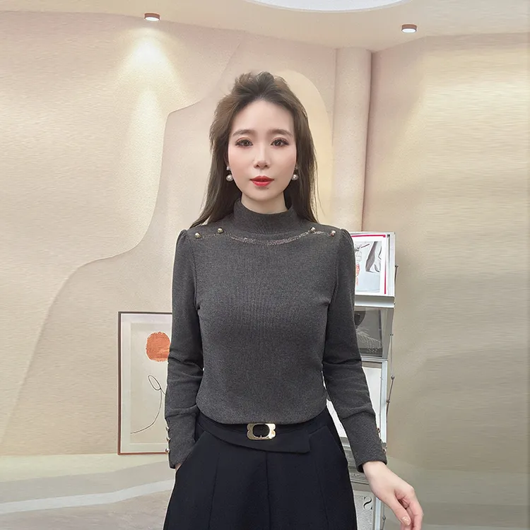 2025秋冬新款加绒小衫女烫钻半高领女长袖厚款弹力内搭打底衫百搭