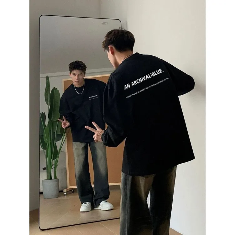 280g重磅纯棉螺口长袖T恤男美式休闲夏季复古小众宽松印花设计感