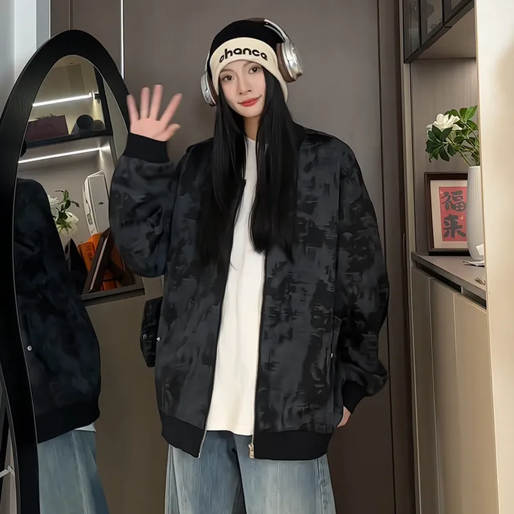 秋装新款立领棒球服扎染拉链夹克男女同款外套宽松大码开衫上衣潮
