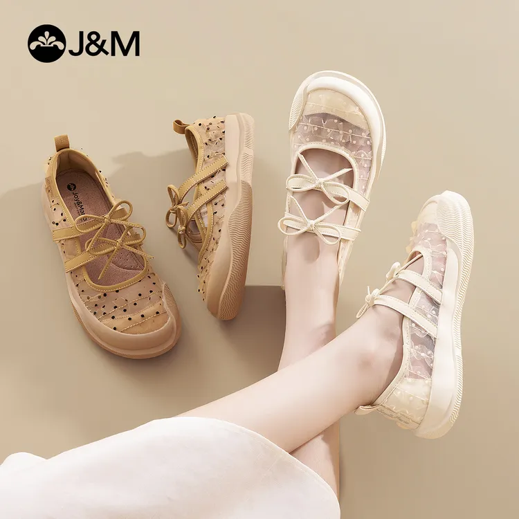 J&M/快乐玛丽2025新款优雅波点网纱乐福鞋复古休闲包头凉鞋66252W