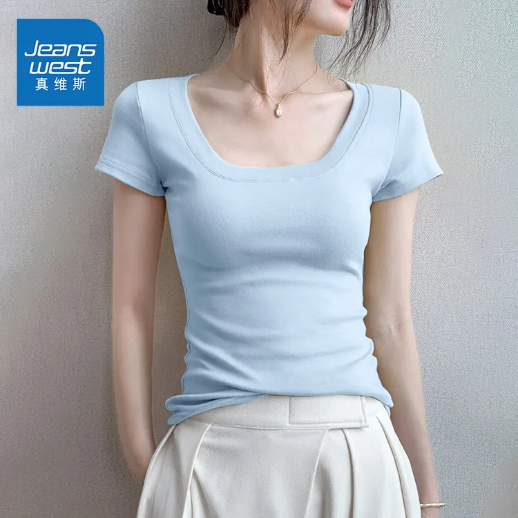 ZD真维斯蓝色短袖女款爆款2025新款甜美可爱风格衣服方领短袖上衣