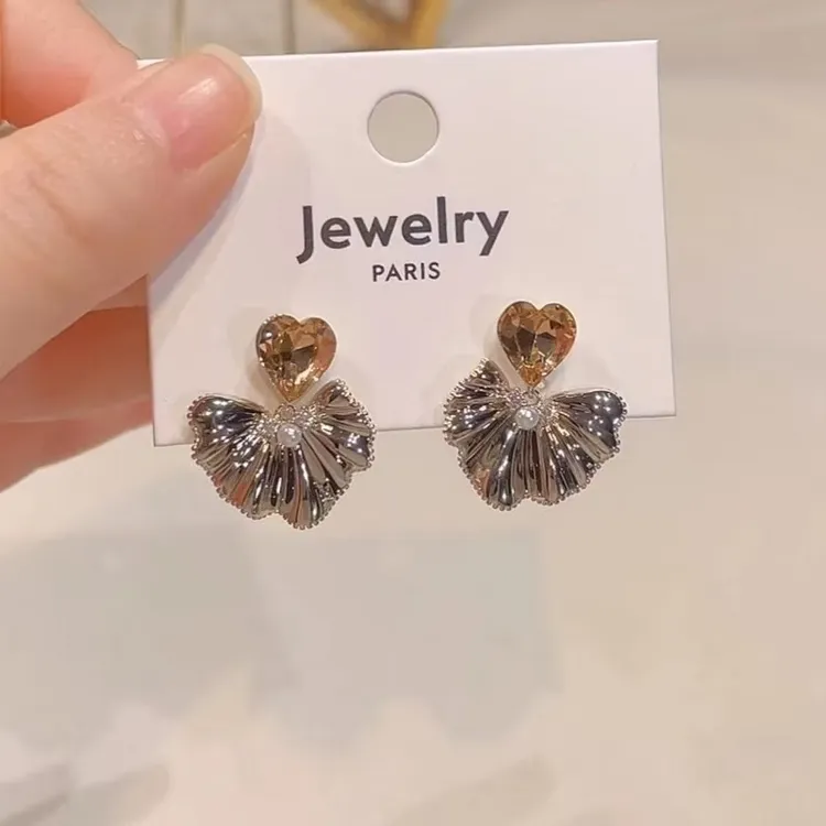法式精致仿锆爱心褶皱银杏叶耳环时尚轻奢气质耳钉高级感耳饰潮