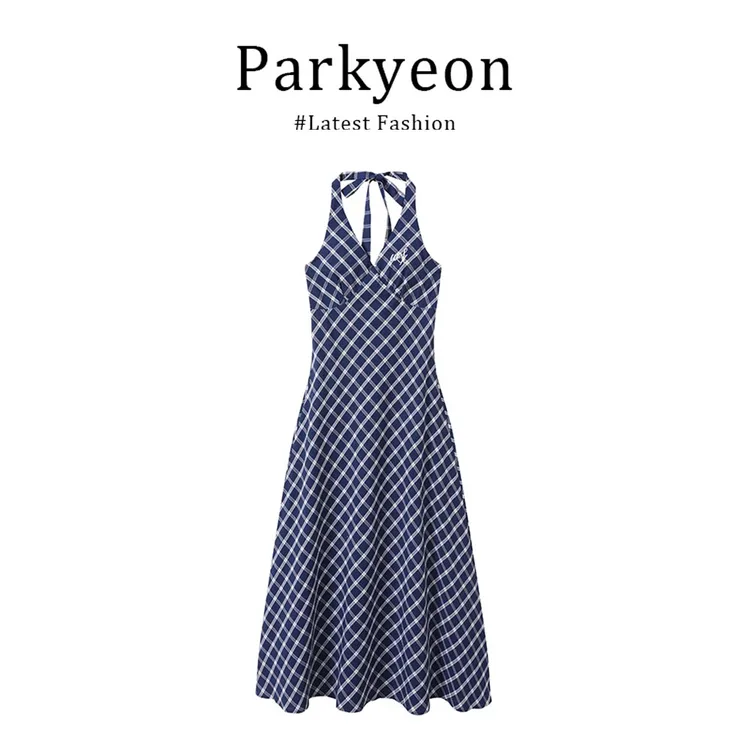 parkyeon复古格纹显瘦设计感连衣裙高级感挂脖裙女夏季小香风穿搭