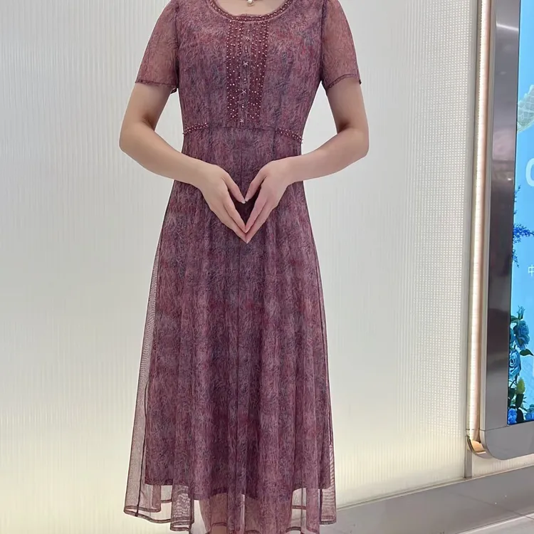 夏季新款高弹力水晶纱洋气中年妈妈装连衣裙