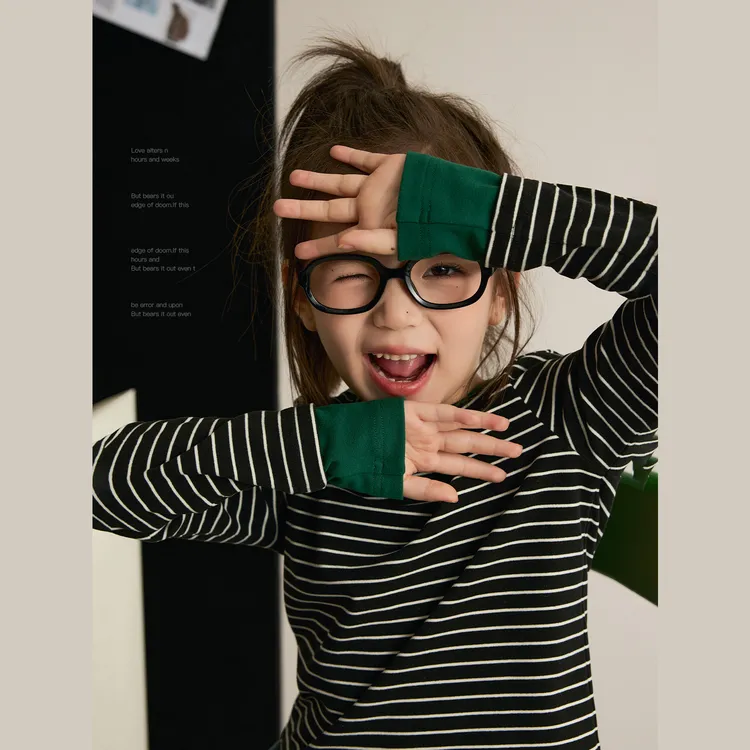 辰辰妈【1+1】秋季女童假两件撞色条纹T恤亲子装儿童内搭上衣8826D