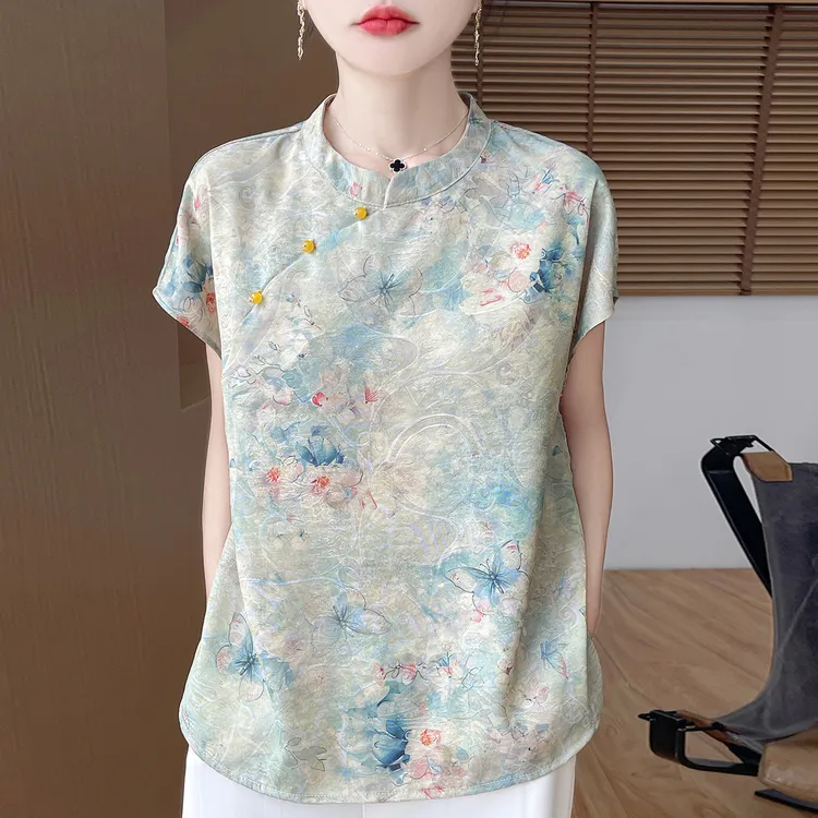 宽松夏季T恤洋气立领新中式民族风百搭短袖显瘦复古时尚气质风G19