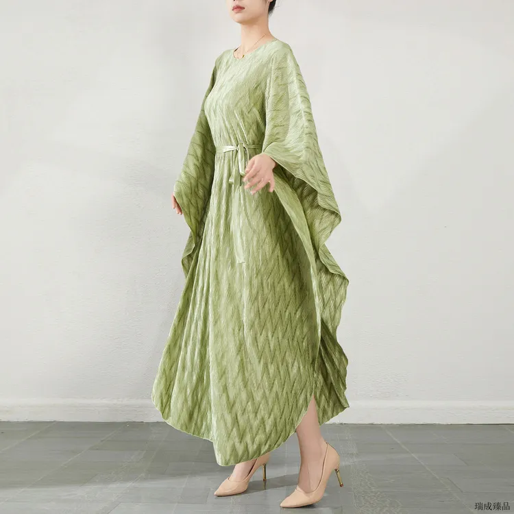 跨境大码蝙蝠袖提花褶皱连衣裙系带显瘦欧美跨境长款高贵优雅礼Z