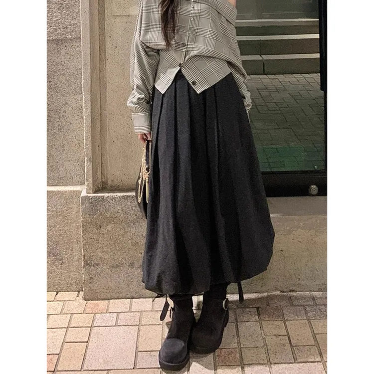 耶古日系灰色百褶花苞长裙女秋季新款高腰垂感毛呢大摆a字半身裙