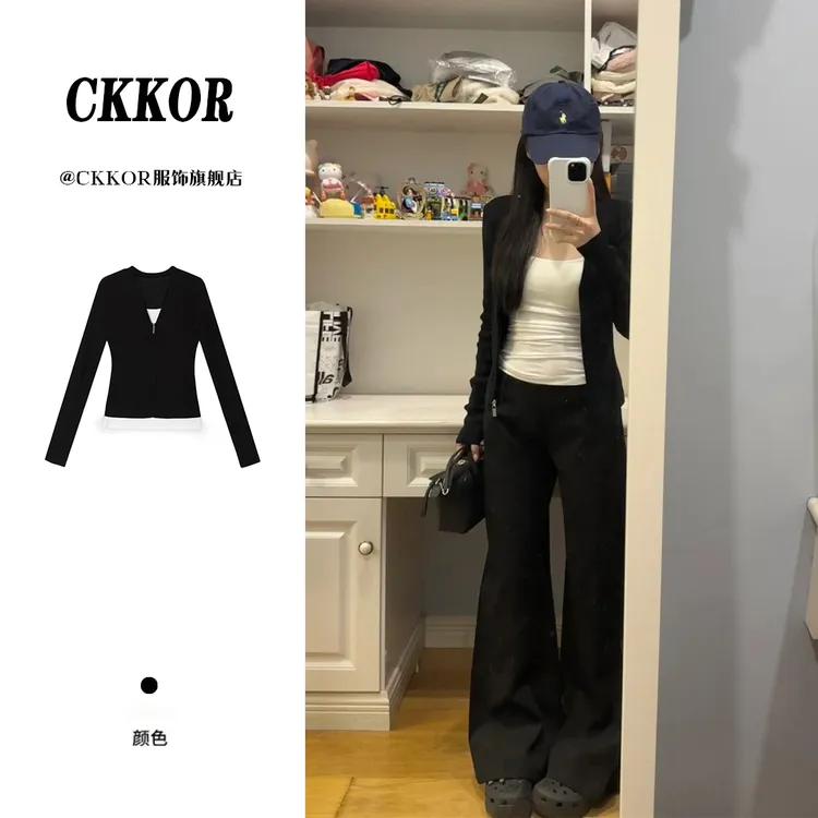 CKKOR韩系辣妹慵懒感穿搭半开领假两件长袖t恤女修身拉链打底上衣