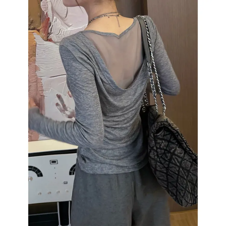 法式高级感假两件网纱拼接长袖t恤女夏季纯欲风百搭修身显瘦上衣