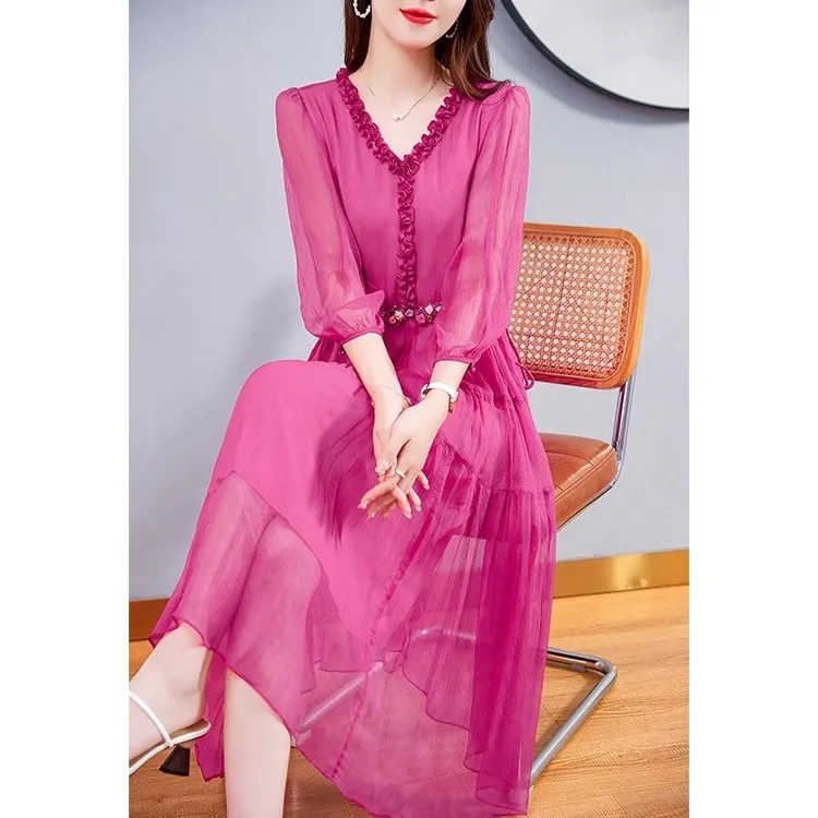 清仓捡漏~专柜撤柜真丝连衣裙女夏季法式别致木耳边花朵桑蚕丝裙