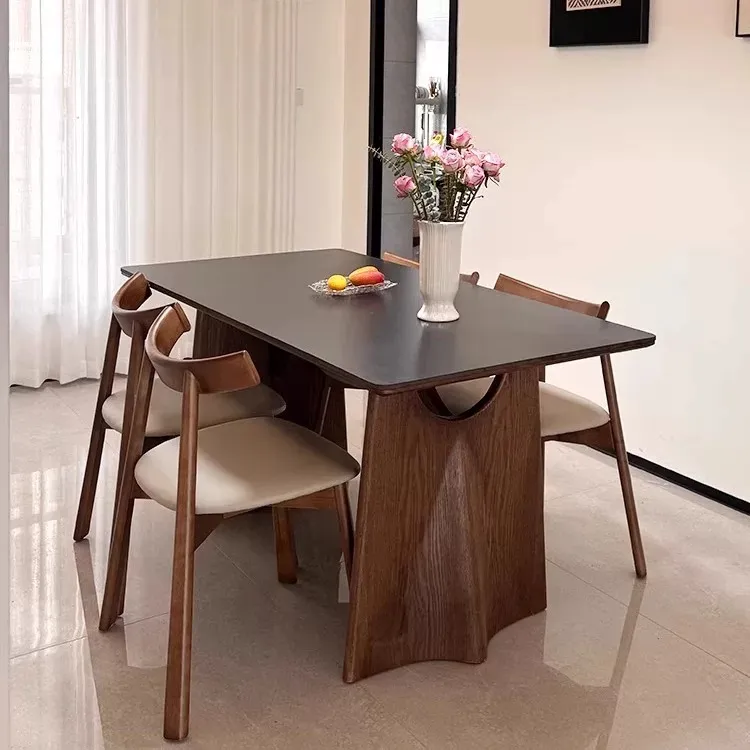 复古黑色岩板餐桌小户型现代简约中古风长方形家用胡桃色实木餐桌