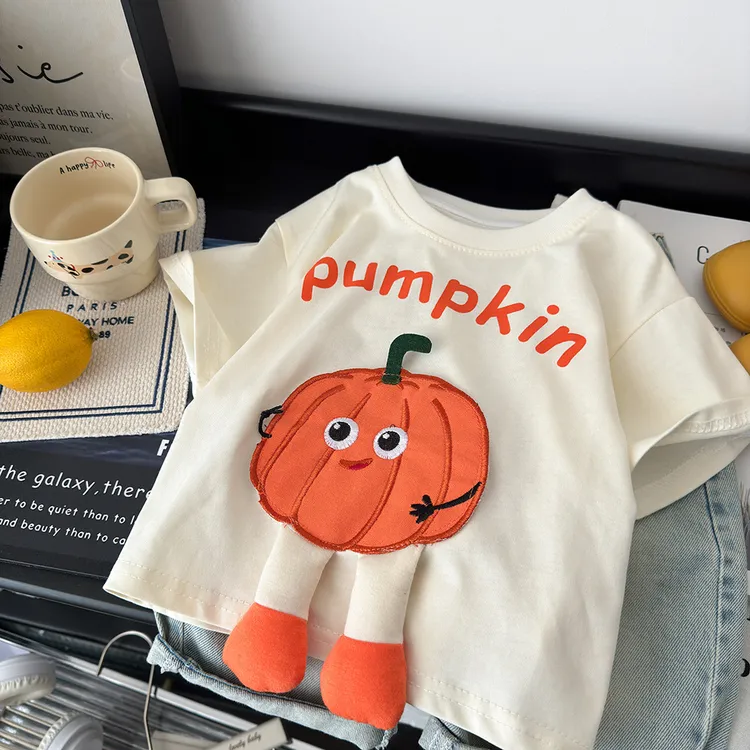 儿童纯棉短袖T恤夏装2025新款男女童韩版卡通立体南瓜上衣半袖潮