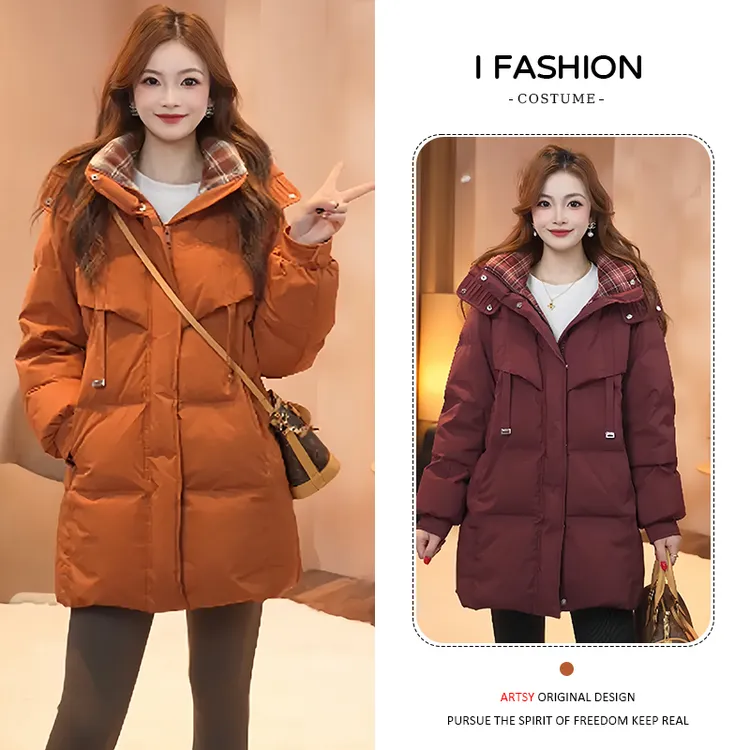 加厚时尚连帽中长款棉服女2025冬季新款休闲百搭格子拼接保暖棉衣