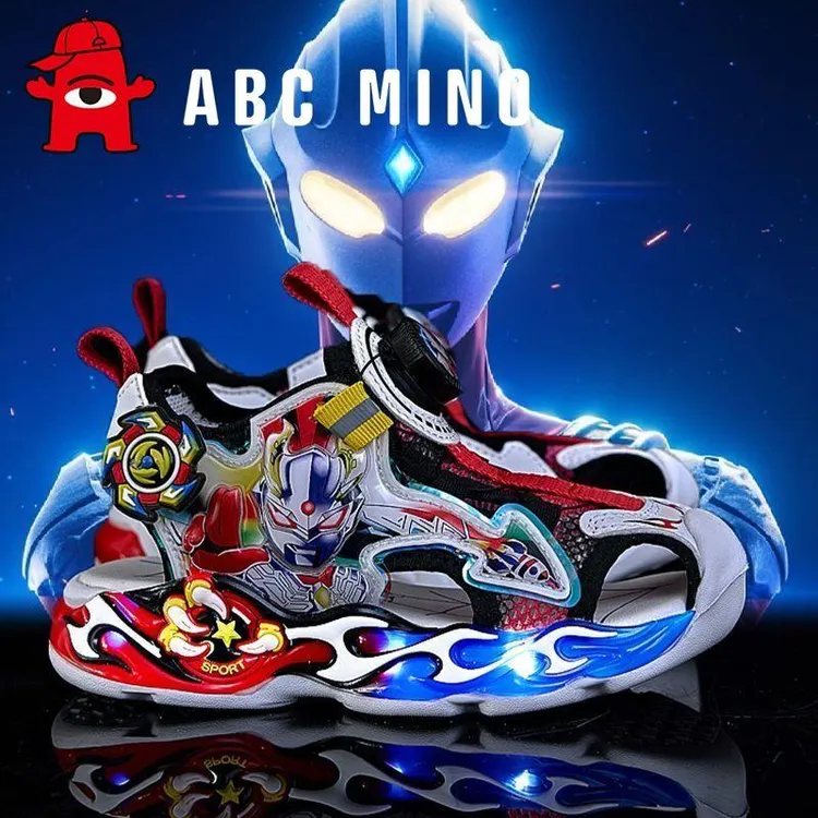 ABC MINO奥特曼魔术贴凉鞋2025年夏季新款男孩亮灯发光透气沙滩鞋
