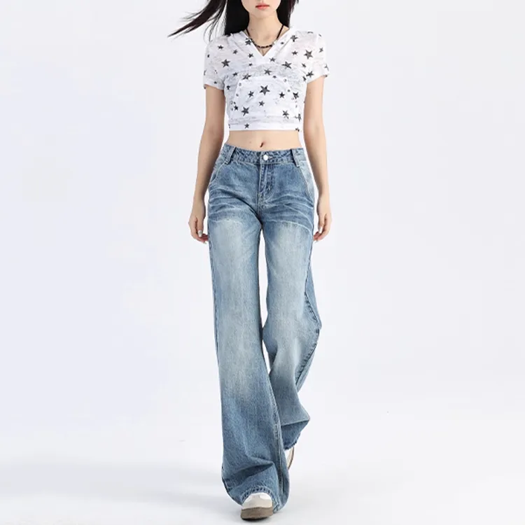 美式复古微喇牛仔裤女2025新款低腰裂纹宽松垂感百搭直筒喇叭裤子