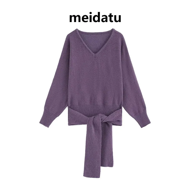 美哒兔（舒雅柔织）法式气质v领绑带毛衣CM958-27Q