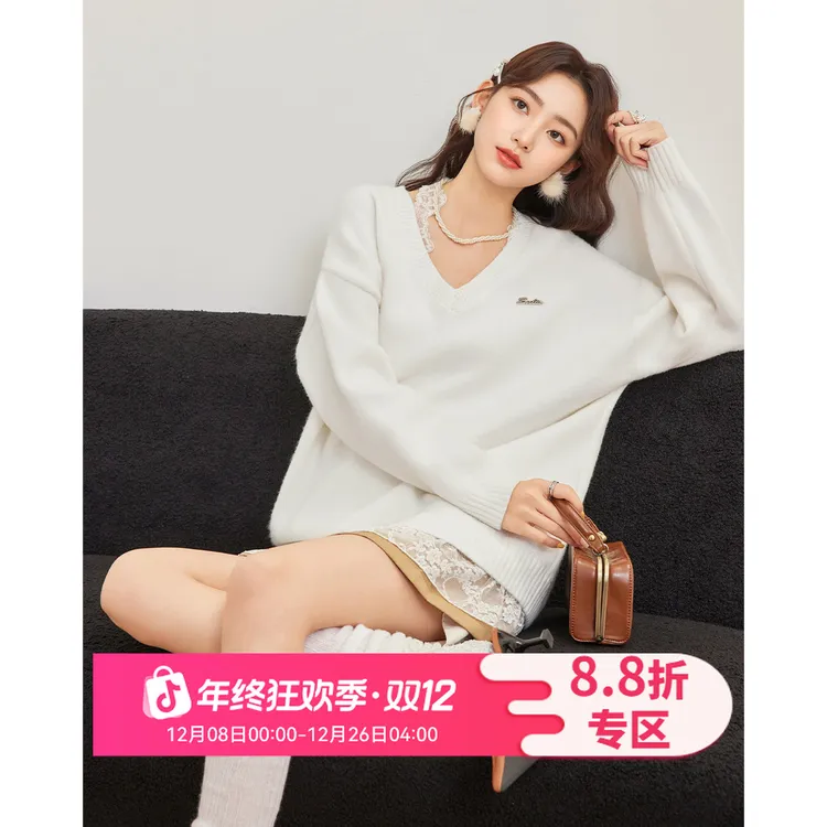 IEF/爱依服2025冬季新款法式纯欲风蕾丝花边设计百搭毛织中上衣