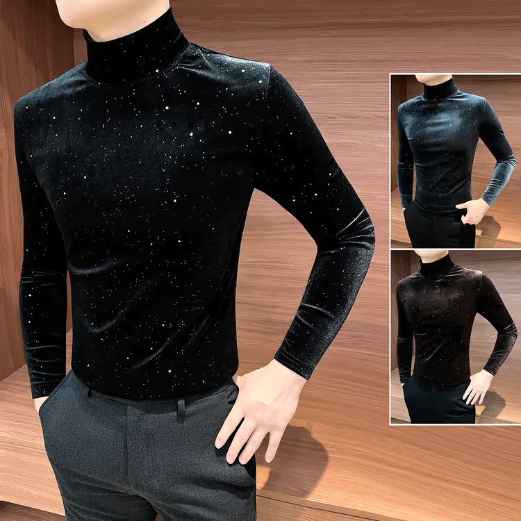 满天星金丝绒男士打底衫秋季成熟痞帅男装半高领内搭男款长袖t恤