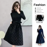 2025新款复古新中式盘扣假两件拼接连衣裙大码显瘦收腰修身W1089