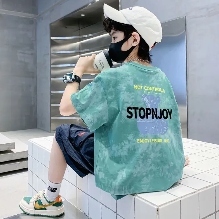 【100%纯棉】男童纯棉短袖t恤夏装2025新款中大儿童半袖男孩扎染潮T