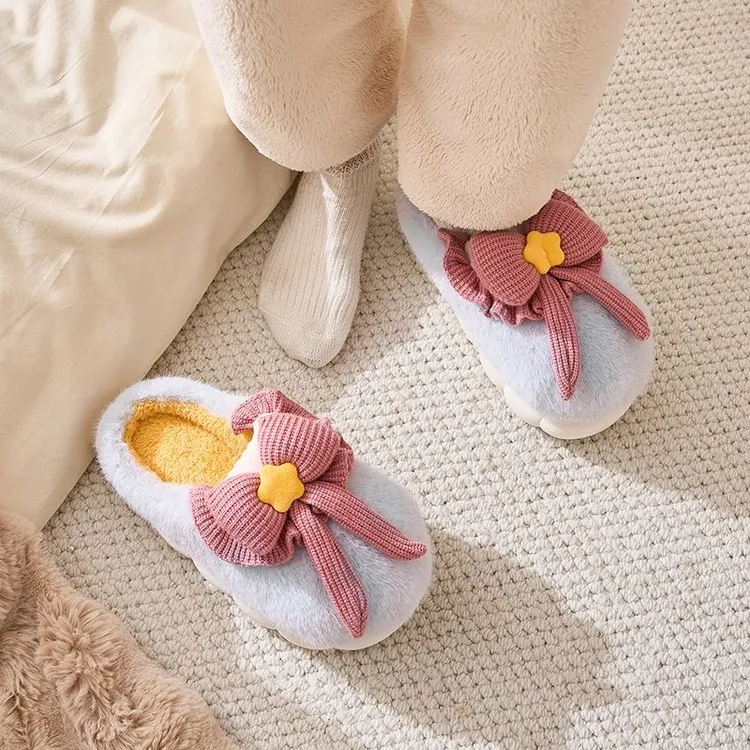 蝴蝶结棉拖鞋女士冬季加绒保暖居家用防滑厚底外穿棉拖鞋女款冬天