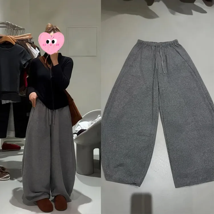 灰色直筒松紧腰阔腿裤女秋冬季2025新款百搭宽松运动休闲裤弯刀裤