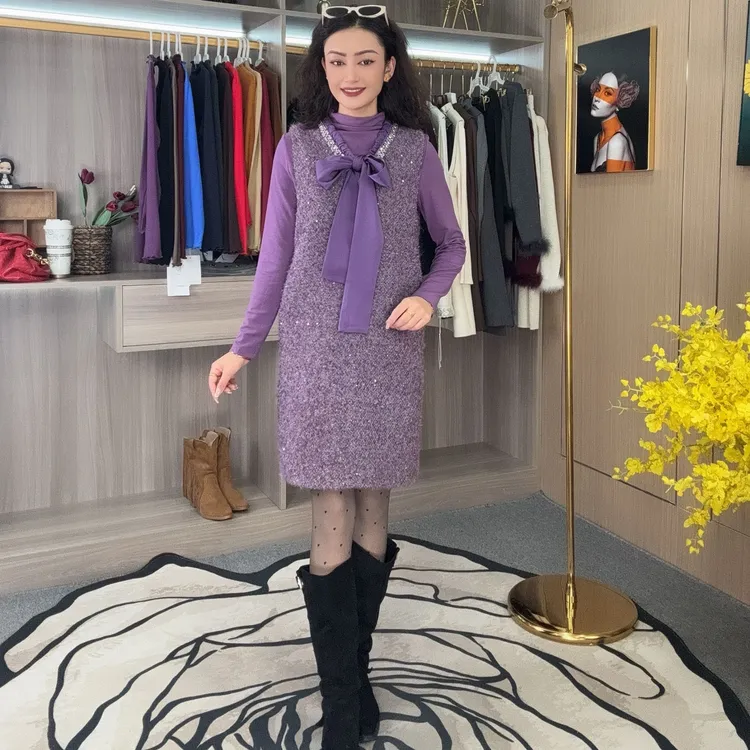时尚气质百搭加厚显瘦小香风针织25X91款两件马甲连衣裙
